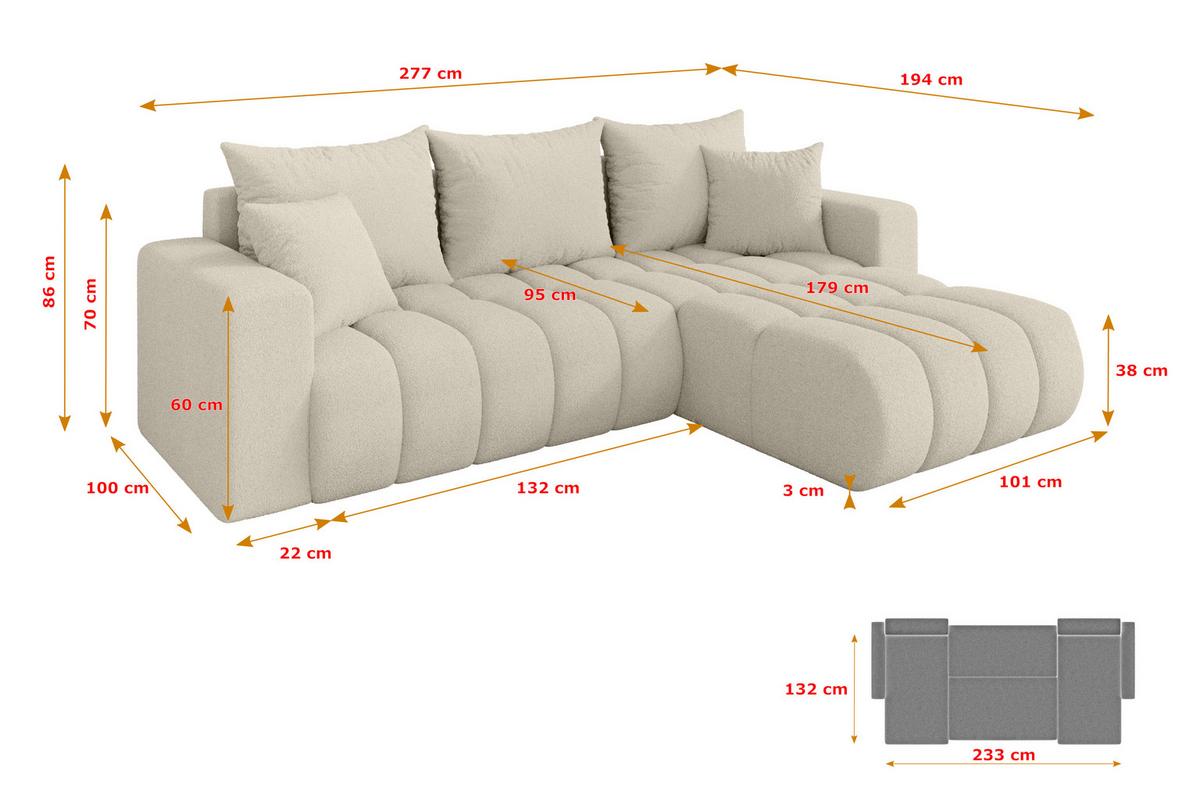 ECKSOFA mit Schlaffunktion Ottomane Rechts MILA-L-v1 277x195x86 Beige Bouclé - Sandfarben/Beige, Holzwerkstoff/Kunststoff (277/194cm) - ALTDECOR
