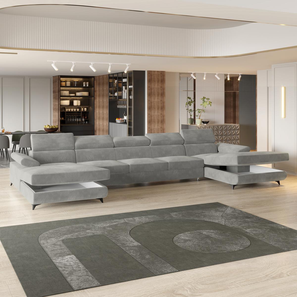 WOHNLANDSCHAFT VIVENTE Hellgrau Velours-Stoff mit Schlaffunktion - Hellgrau, Holz (410/89/190cm) - MASSENO