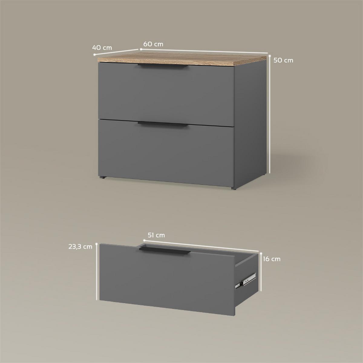KOMMODE Piave Anthrazit 60 x 50 cm mit 2 Schubladen - Anthrazit, Holzwerkstoff (60/50/40cm) - Livinity®