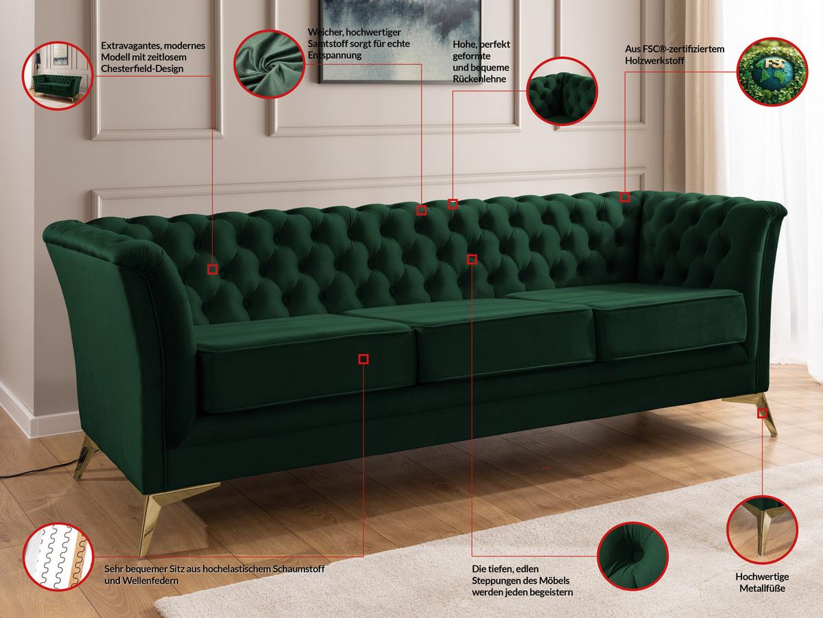 CHESTERFIELD-SOFA 3-sitzer Whitby Flaschengrün Samt mit goldenen Füßen - Dunkelgrün/Goldfarben, Holz/Textil (237/78/82cm) - S-Style Möbel