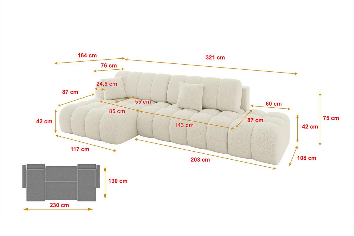ECKSOFA mit Schlaffunktion Ottomane Links OLEA-L2 321x164x75 Beige Bouclé - Beige/Schwarz, Holzwerkstoff/Kunststoff (321/164cm) - ALTDECOR