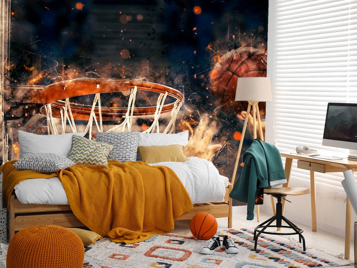 FOTOTAPETE für Jugendzimmer Aquarell Basketball Dunk Sport 400x280 - Beige/Schwarz, Papier (400/280cm) - Muralo