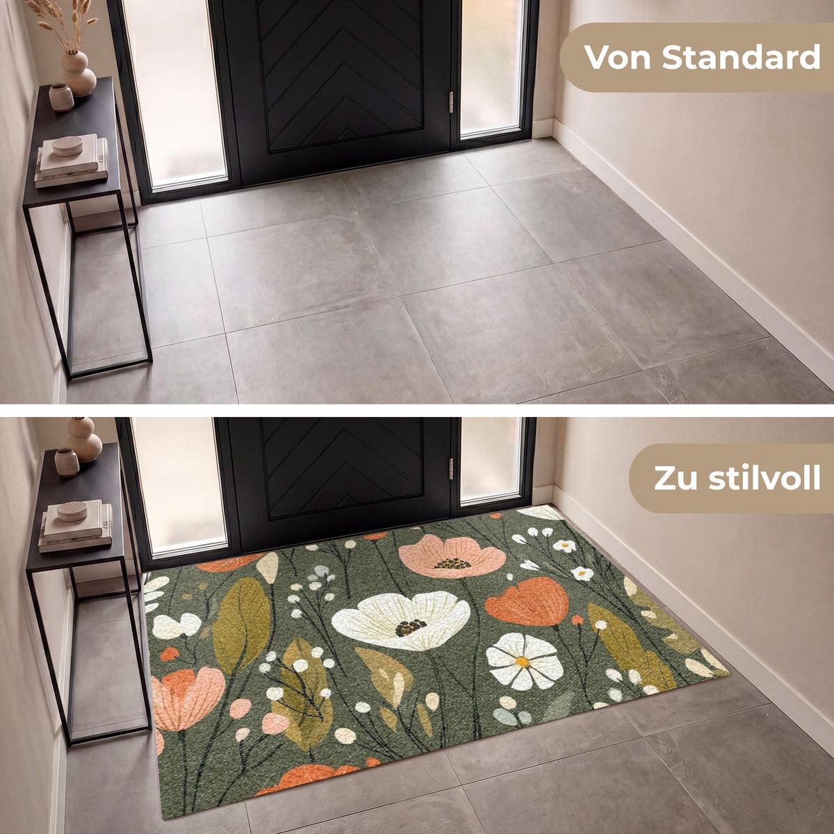 FUSSMATTE Blumen - Illustration - Grün Flurteppich 180x120 cm - Dunkelgrün, Kunststoff (180/0.4cm) - MuchoWow