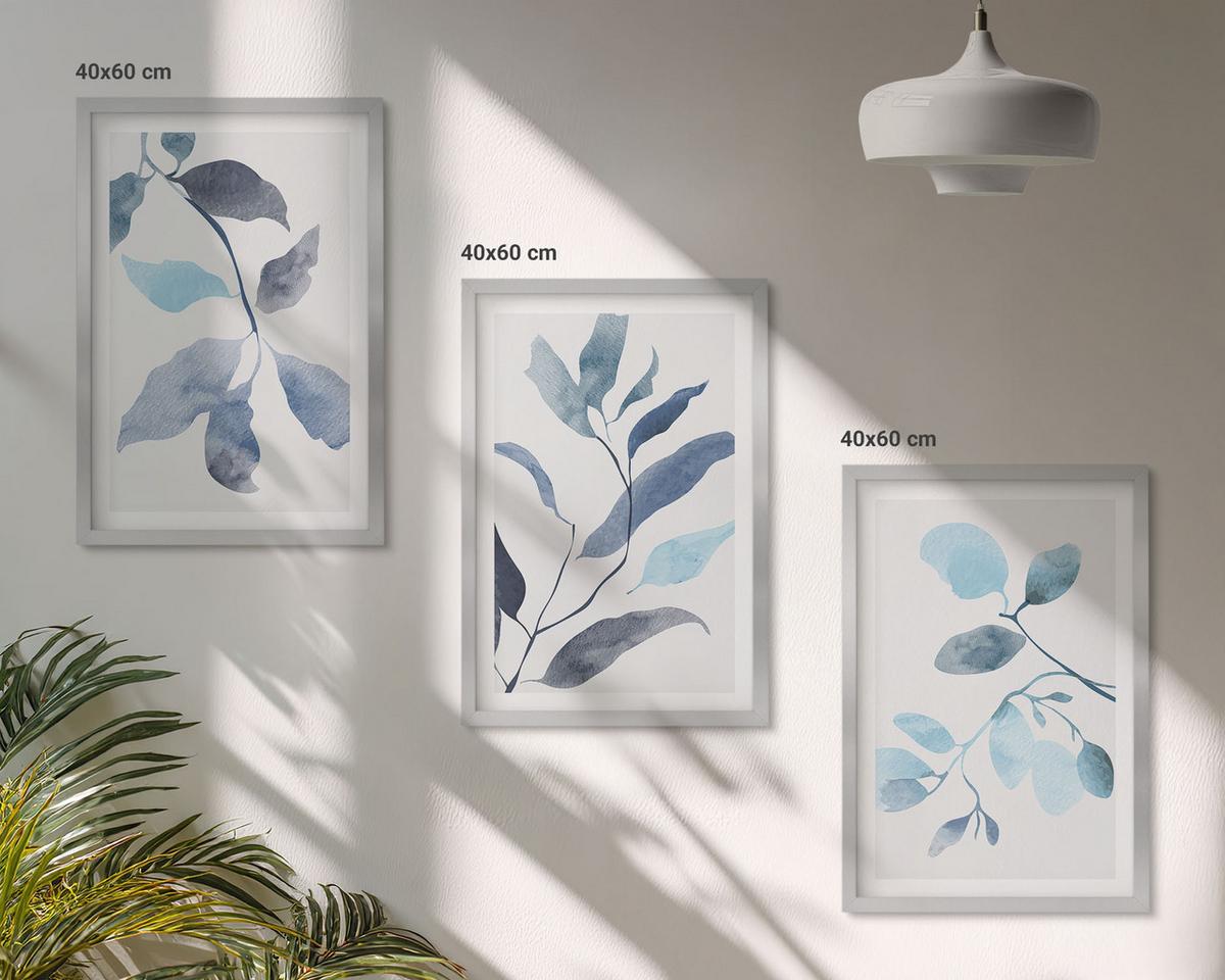 BILDER SET 3er Set - 40x60 cm Silberner Rahmen - Aquarell von blauen Blättern - Silberfarben, Kunststoff (40/60cm) - TULUP