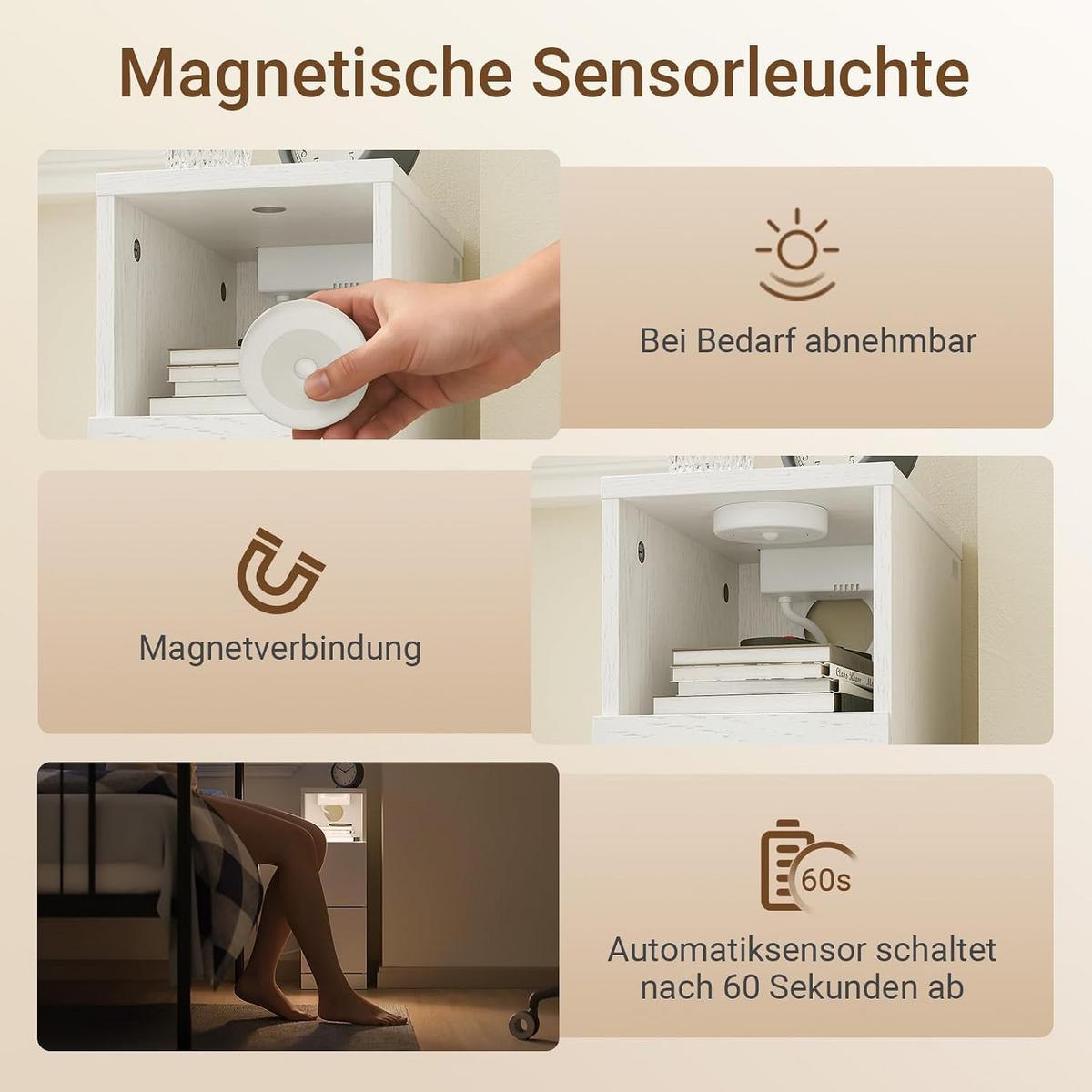 NACHTTISCH schmal mit Ladefunktion und LED-Sensorleuchte, 20x35x60cm - Weiß, Holzwerkstoff (35/60/20cm) - SoBuy
