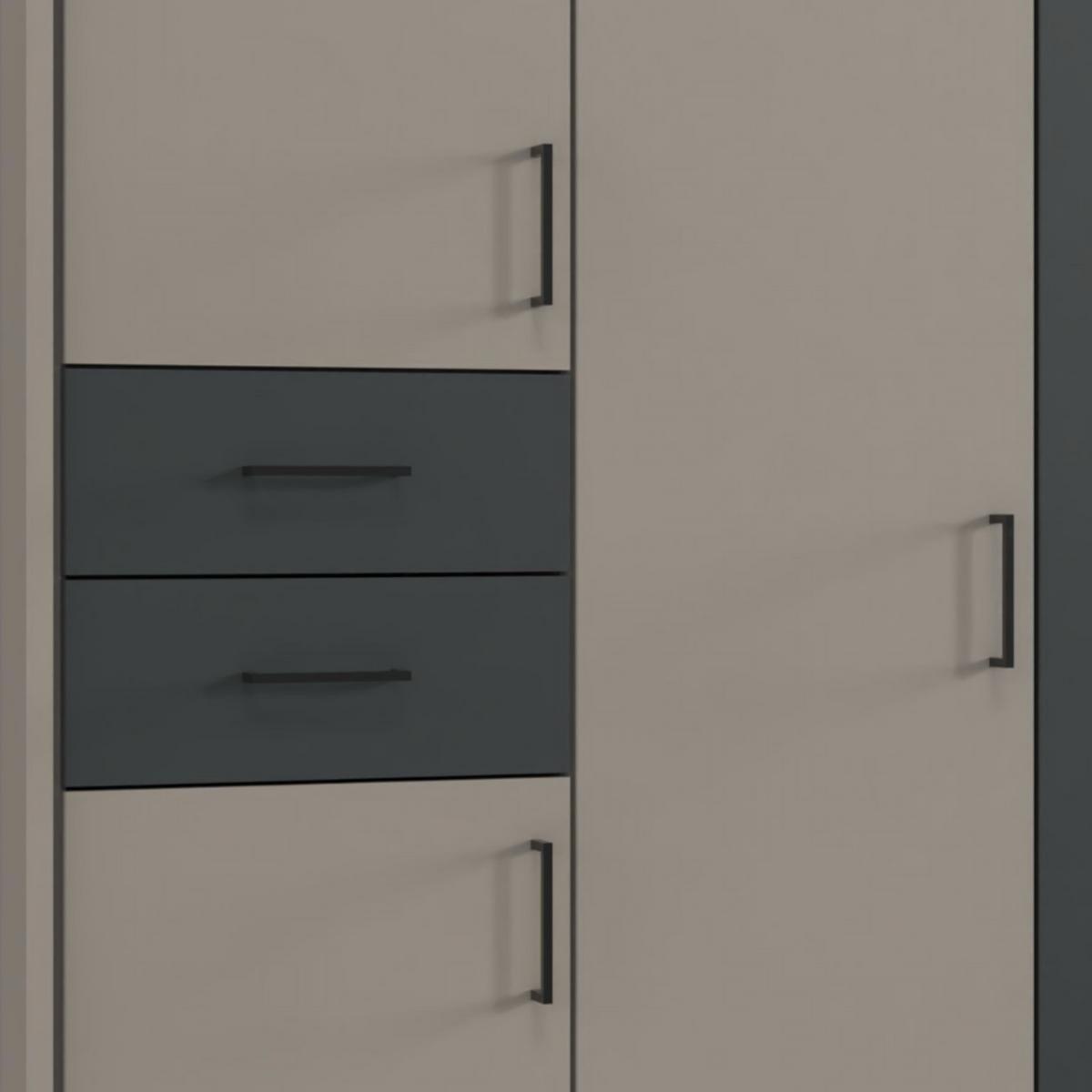 DREHTÜRENSCHRANK B313/H210/T58 cm, Sandgrau mit Absetzungen in Grafit, Kleiderschrank m.Passepartout&3Spiegeltüren&Schubkästen, Griffe schwarz / 22585 - Sandfarben/Schwarz, Holzwerkstoff/Kunststoff (313/210/58cm) - luma-home