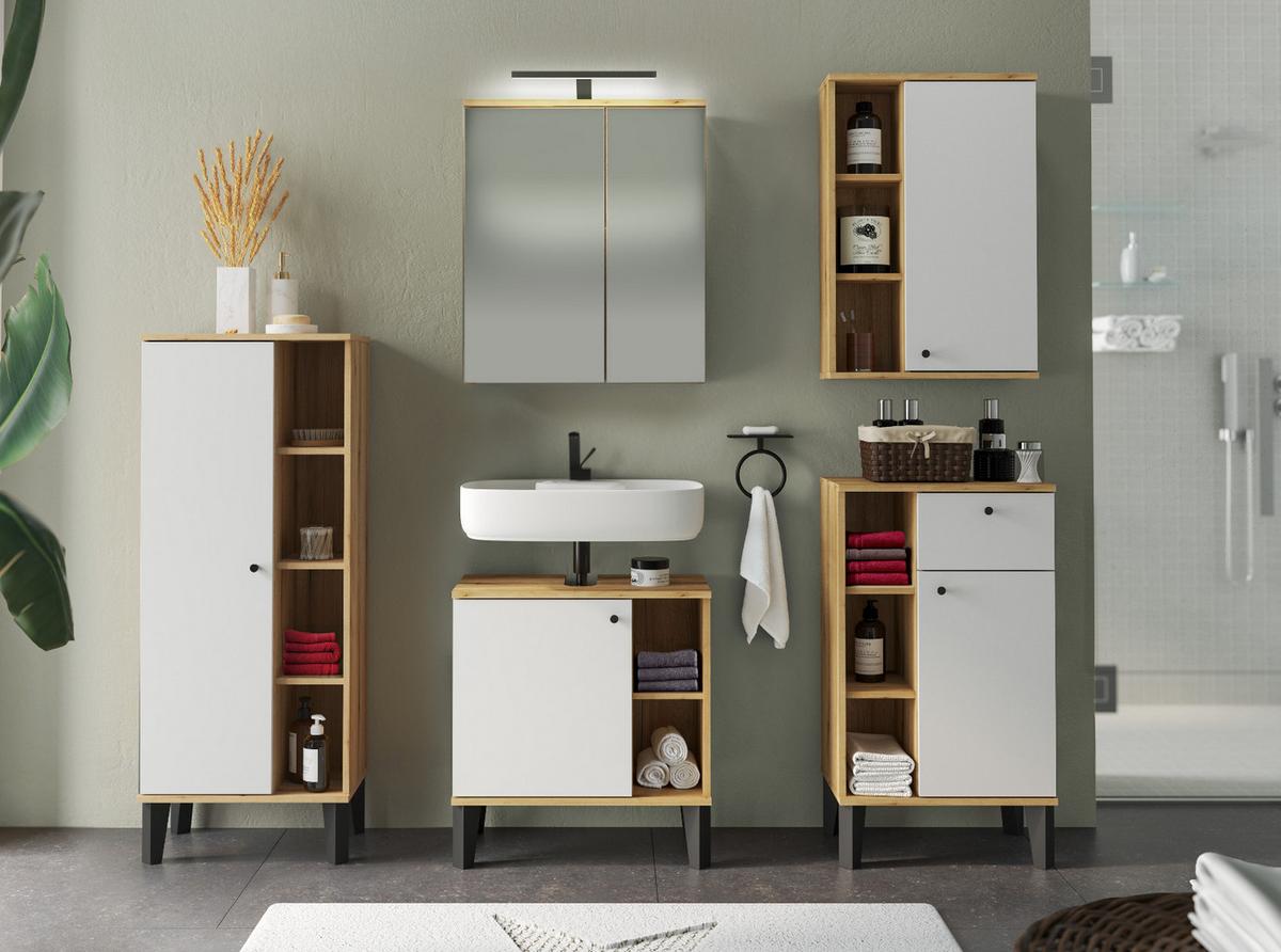 BAD-HÄNGESCHRANK weiß, Evoke Eiche, Badschrank hängend, 51 x 75 cm - Eichefarben/Schwarz, Holzwerkstoff/Kunststoff (51/75/21cm) - Furn.Design