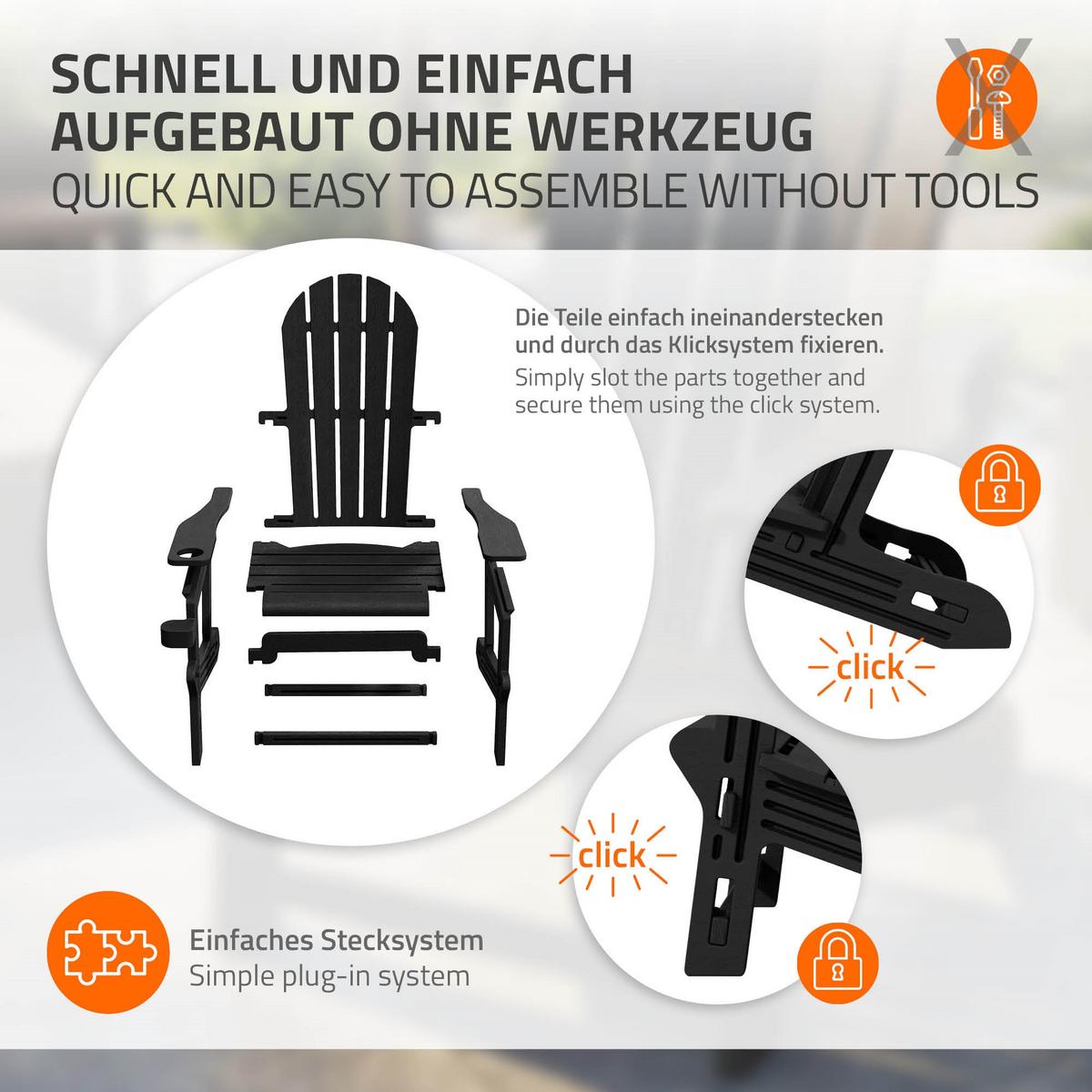 ADIRONDACK LOUNGESTUHL mit Getränkehalter Schwarz aus Kunststoff - Schwarz, Kunststoff (54.5/91/76cm) - ML-DESIGN