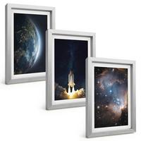 BILDER SET 3er Set - 20x30 cm Silberner Rahmen - Weltraum Erde Rakete Galaxie - Silberfarben, Kunststoff (20/30cm) - TULUP