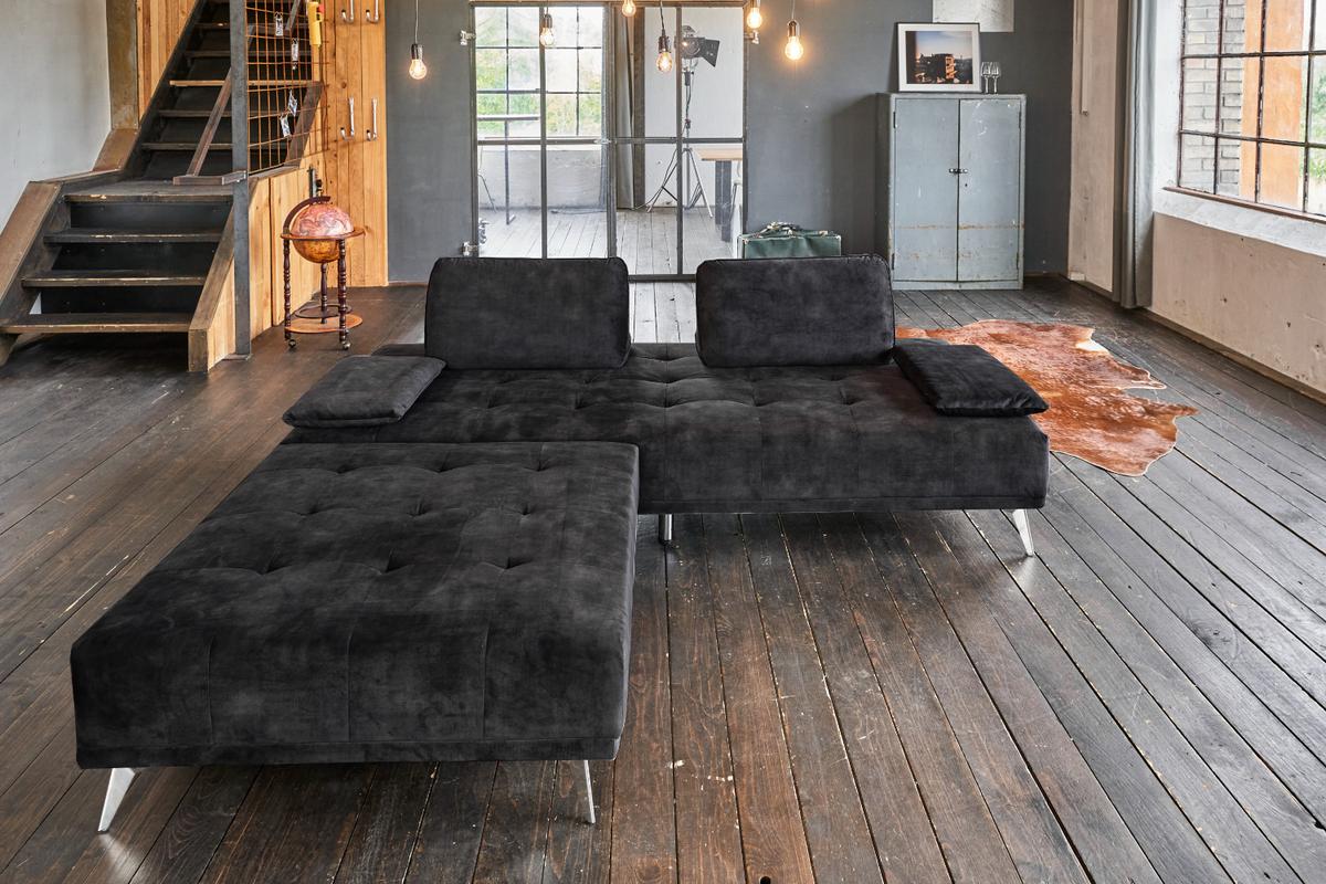 SOFA MIT HOCKER WIOLO Anthrazit Velvet - Anthrazit/Silberfarben, Textil/Metall (240/80/110cm) - KAWOLA