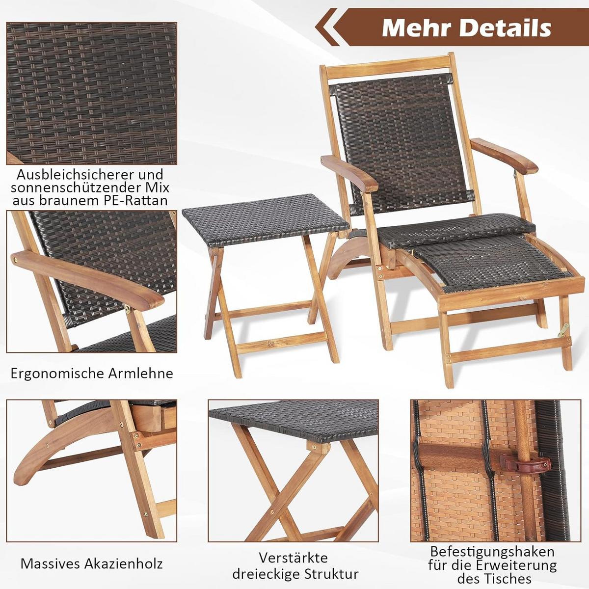 SONNENLIEGE mit Fußstütze+Beistelltisch Braun - Braun, Naturmaterialen (135/81/61cm) - COSTWAY