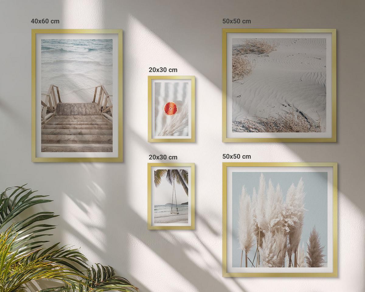 BILDER SET 5er Set - 50x50 cm & 20x30 cm & 40x60 cm Goldrahmen - Strandatmosphäre dank hölzerner Treppen. - Goldfarben, Kunststoff (40/60cm) - TULUP