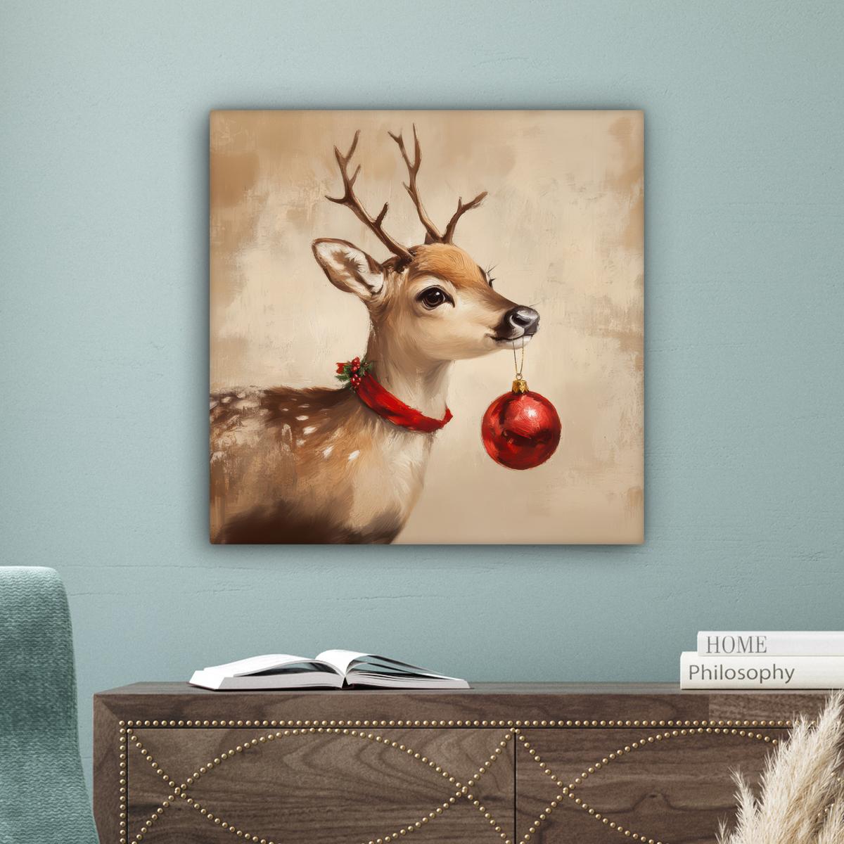 LEINWANDBILD Weihnachten - Hirsch - Geweih - Weihnachtskugel - Rentier Wandbild Wohnzimmer 50x50 cm - Hellbraun, Textil (50/50cm) - MuchoWow