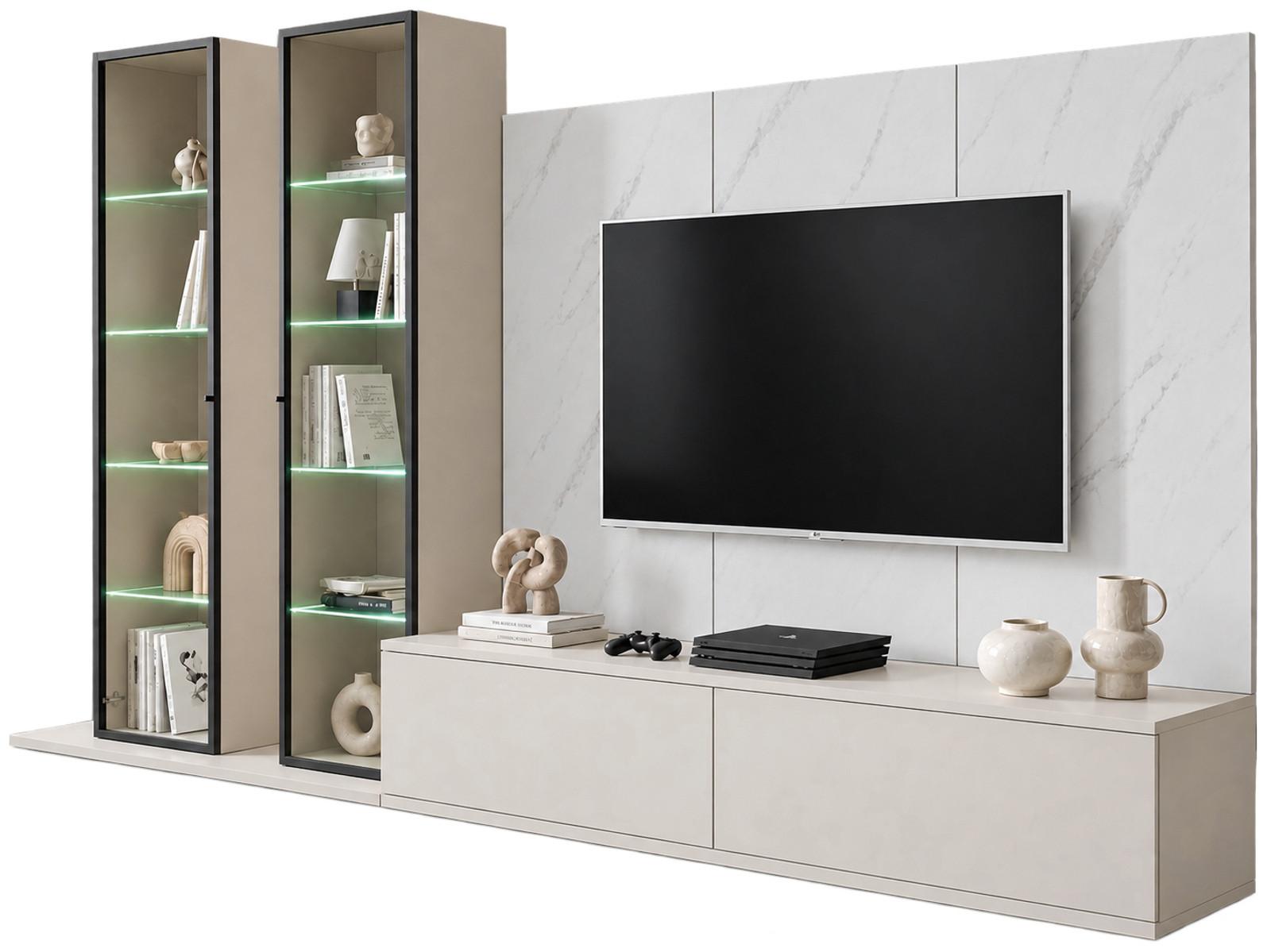 WOHNWAND kaschmir, Marmor weiß 300 cm, Anbauwand mit Wandpaneel, Beleuchtung, Push-to-Open - Kaschmir/Schwarz, Glas/Holzwerkstoff (300/175/45cm) - Inn.Furn