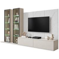 WOHNWAND kaschmir, Marmor weiß 300 cm, Anbauwand mit Wandpaneel, Beleuchtung, Push-to-Open - Kaschmir/Schwarz, Glas/Holzwerkstoff (300/175/45cm) - Inn.Furn