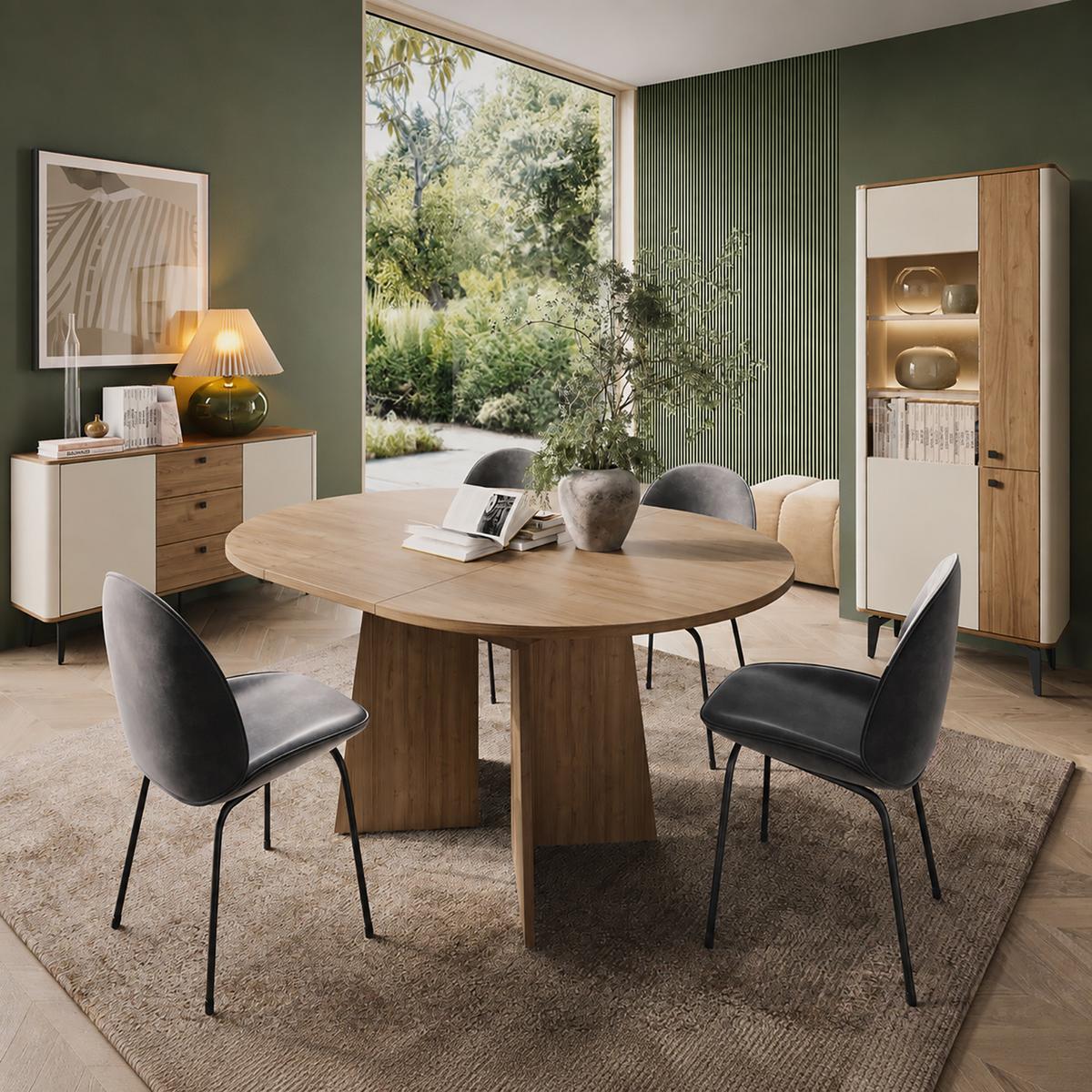 VITRINE Aurora Glasschrank mit Hartglas, mit LED-Beleuchtung, Nussbaum+Kaschmir - Kaschmir/Nussbaumfarben, Holzwerkstoff/Metall (73/190/40cm) - Beautysofa