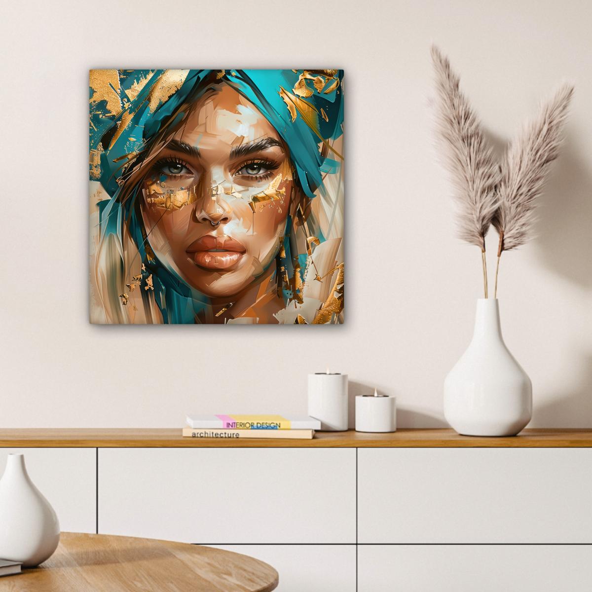LEINWANDBILD Frau - Porträt - Gold - Luxus - Blau Wandbild Wohnzimmer 50x50 cm - Türkis, Textil (50/50cm) - MuchoWow
