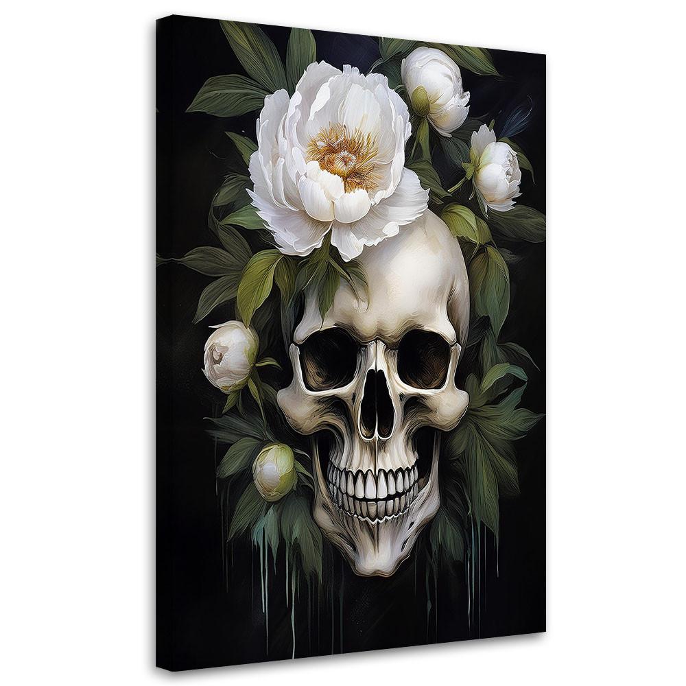 WANDBILD schädel weiße pfingstrosen blumen - Grün, Textil (70/100cm) - Feeby