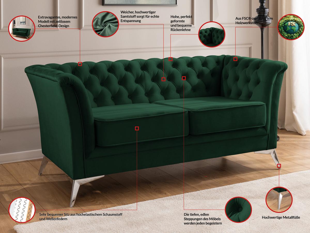 CHESTERFIELD-SOFA 2-sitzer Whitby Flaschengrün Samt mit silbernen Füßen - Dunkelgrün/Silberfarben, Holz/Textil (175/78/82cm) - S-Style Möbel