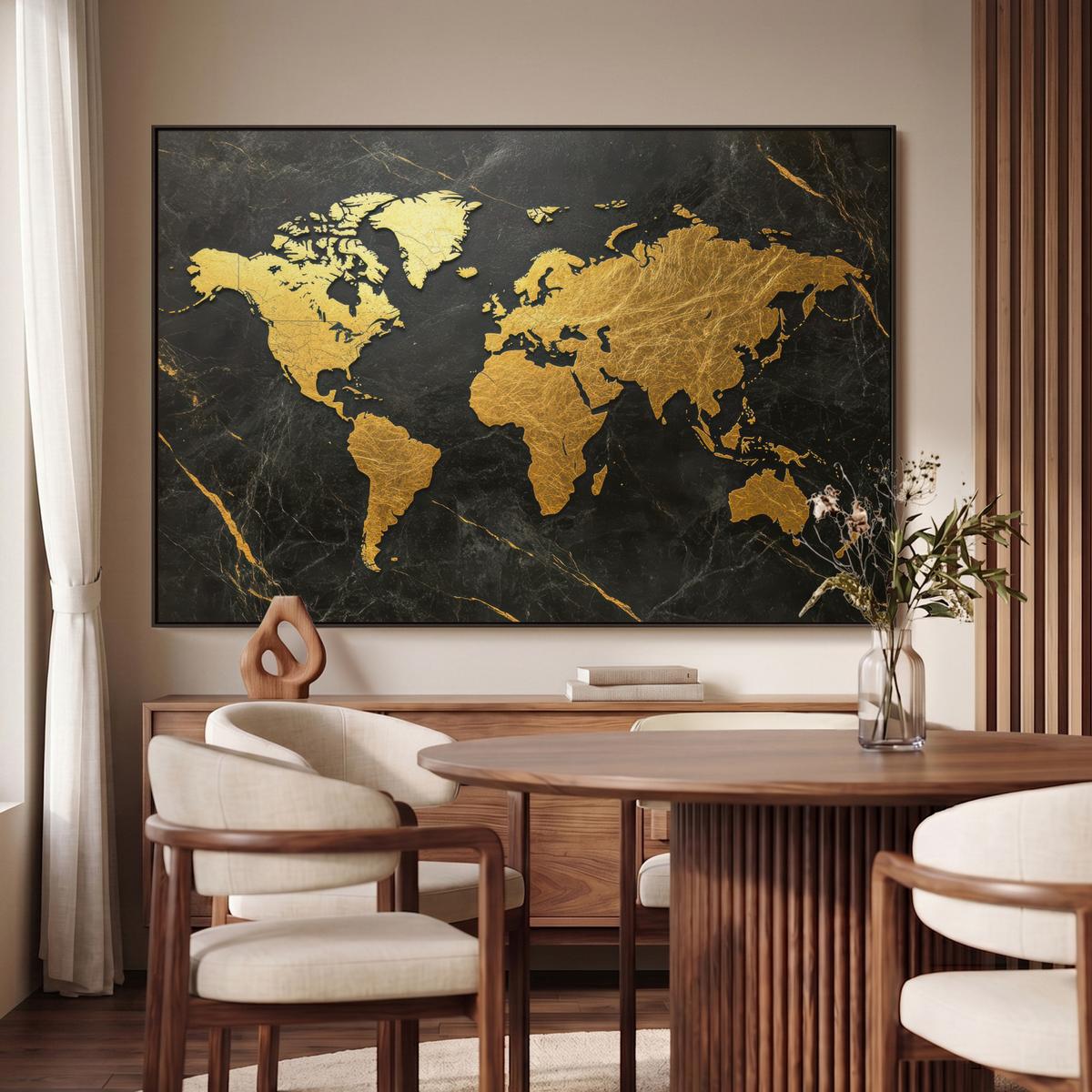 LEINWAND Bilder mit Rahmen - Weltkarte - Gold - Marmor - 140x90 - Goldfarben, Textil (140/90cm) - MuchoWow