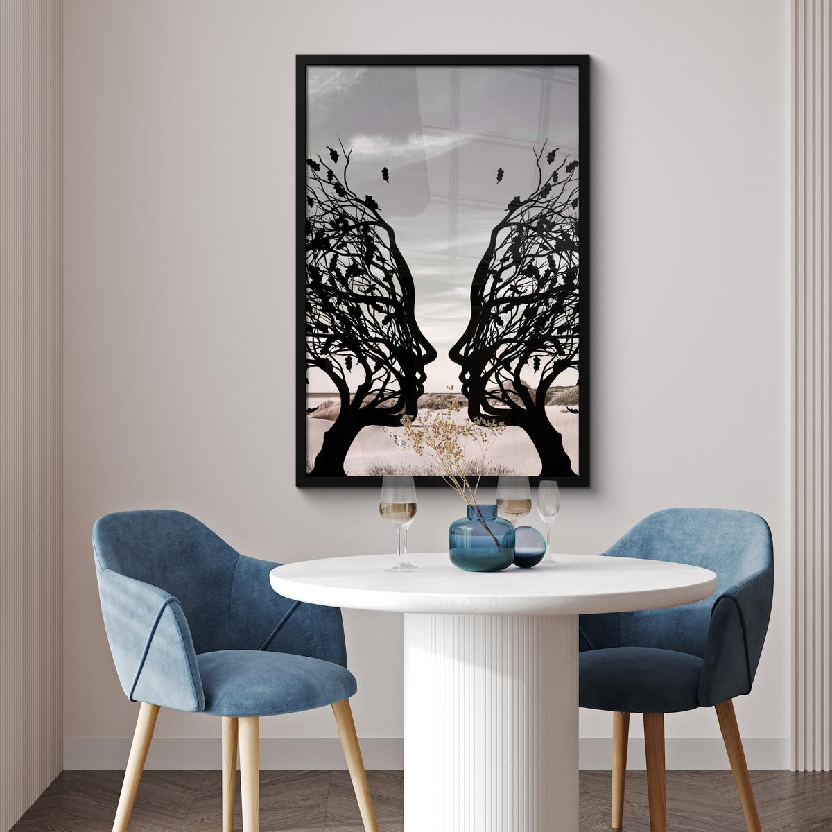 POSTER MIT RAHMENGERAHMTES BILD Strand - Meer - Menschen - Baum - Moderne Kunst 60x90 cm - Hellgrau, Papier (60/90cm) - MuchoWow