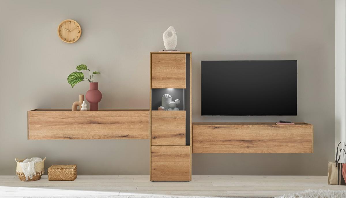 WOHNWAND Evoke Eiche, grau, Wohnkombination 3-teilig 350 cm, Set inklusive Beleuchtung - Eichefarben/Schwarz, Glas/Holzwerkstoff (350/155/40cm) - Furn.Design