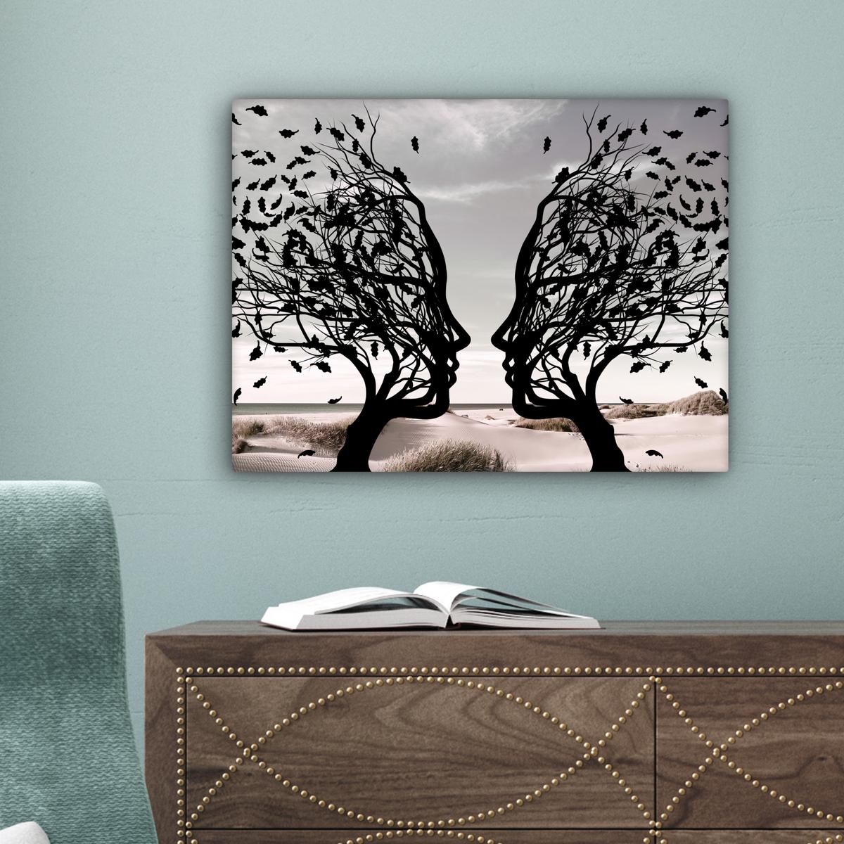 LEINWANDBILD Strand - Meer - Menschen - Baum - Moderne Kunst Wandbild 40x30 cm - Hellgrau, Textil (40/30cm) - MuchoWow