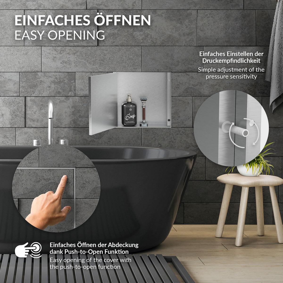 DUSCHNISCHE Edelstahl gebürstet mit befliesbarer Tür Silber 25,5/25,5 cm - Silberfarben, Metall (30/10/30cm) - LuxeBath