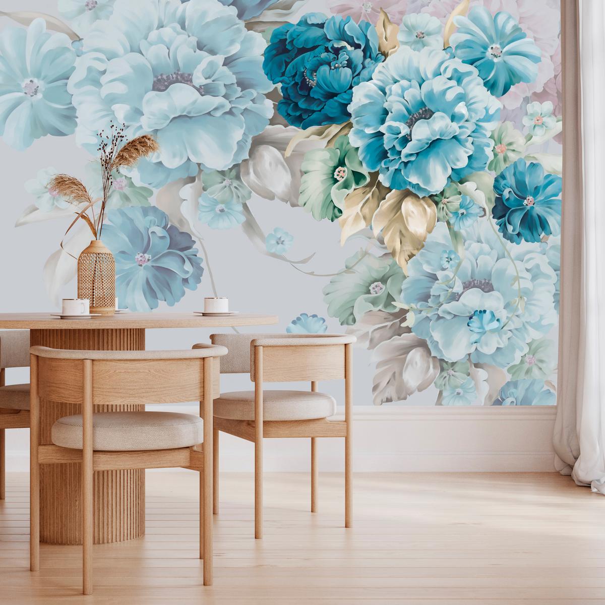 FOTOTAPETE für Schlafzimmer Blaue Pfingstrosen Zart Blumen Boho 100x70 - Blau/Gelb, Papier (100/70cm) - Muralo