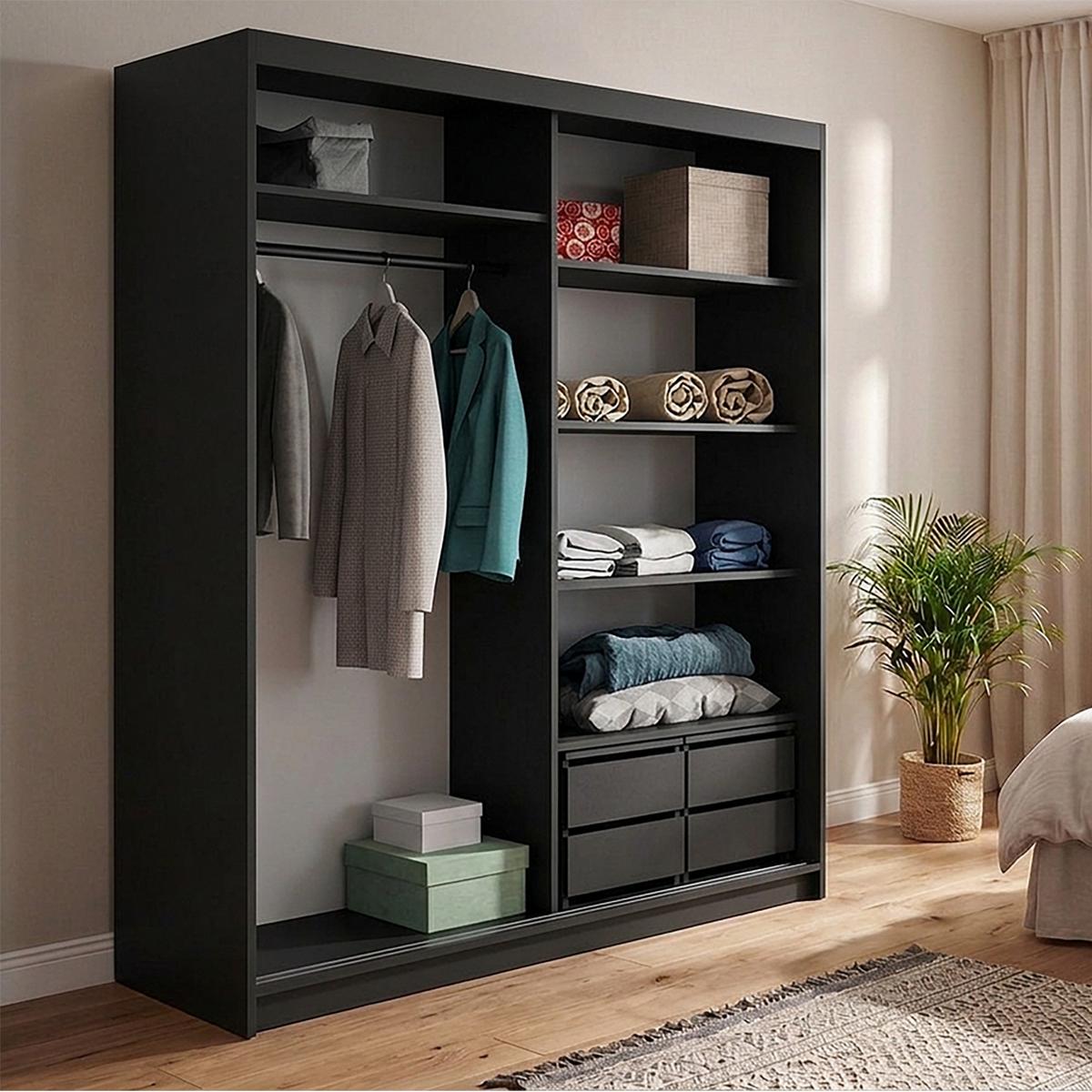 SCHWEBETÜRENSCHRANK Donatello mit 2 Türen und Schubkasteneinsatz, 180 cm, Schwarz+eiche Artisan - Schwarz/Eiche Artisan, Holzwerkstoff (180/205/60cm) - Beautysofa