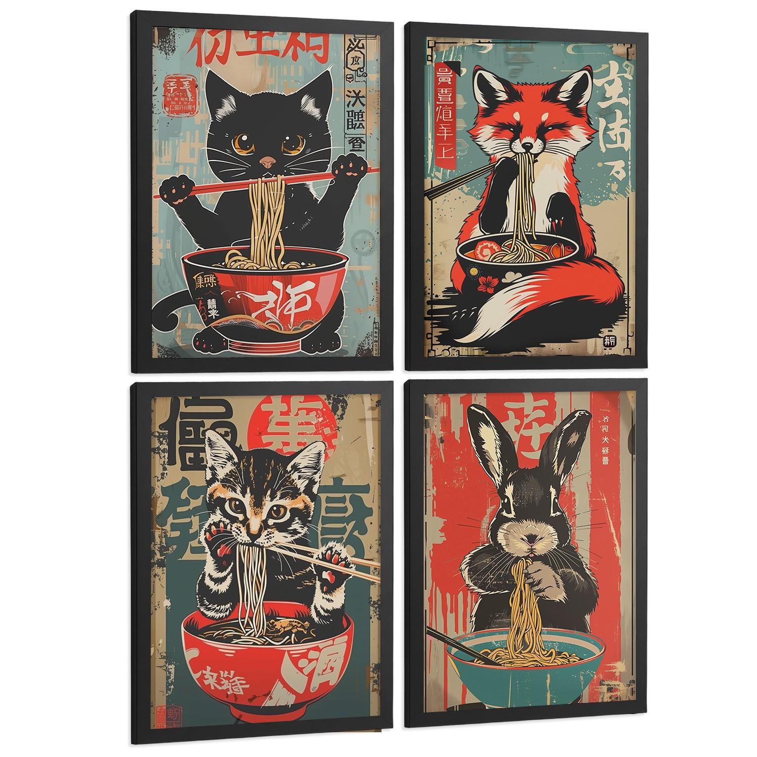 POSTER 4er Set Japanische Ramen Tier-Wandbilder Katze Fuchs und Hase Nudeln Vintage Küche Deko Schwarzer Rahmen A4 - Schwarz, Papier (29.7/1/21cm) - Nacnic