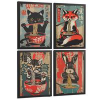 POSTER 4er Set Japanische Ramen Tier-Wandbilder Katze Fuchs und Hase Nudeln Vintage Küche Deko Schwarzer Rahmen A4 - Schwarz, Papier (29.7/1/21cm) - Nacnic