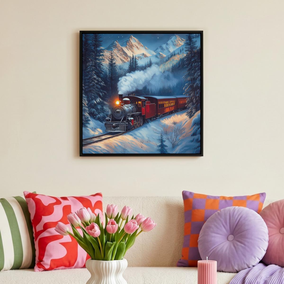 LEINWAND Bilder mit Rahmen - Zug - Weihnachten - Schnee - Weihnachtszug - 50x50 - Anthrazit, Textil (50/50cm) - MuchoWow