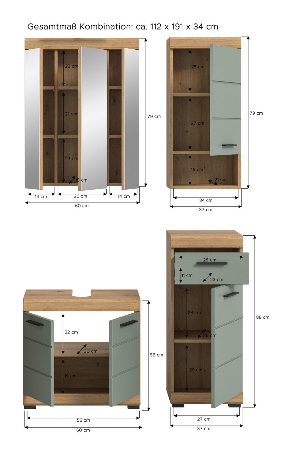 BADMÖBEL-SET Salbei grün, Eiche Artisan 4-teilig 112 cm, Komplettset mit viel Stauraum - Salbeigrün/Schwarz, Glas/Holzwerkstoff (112/191/34cm) - Inn.Furn