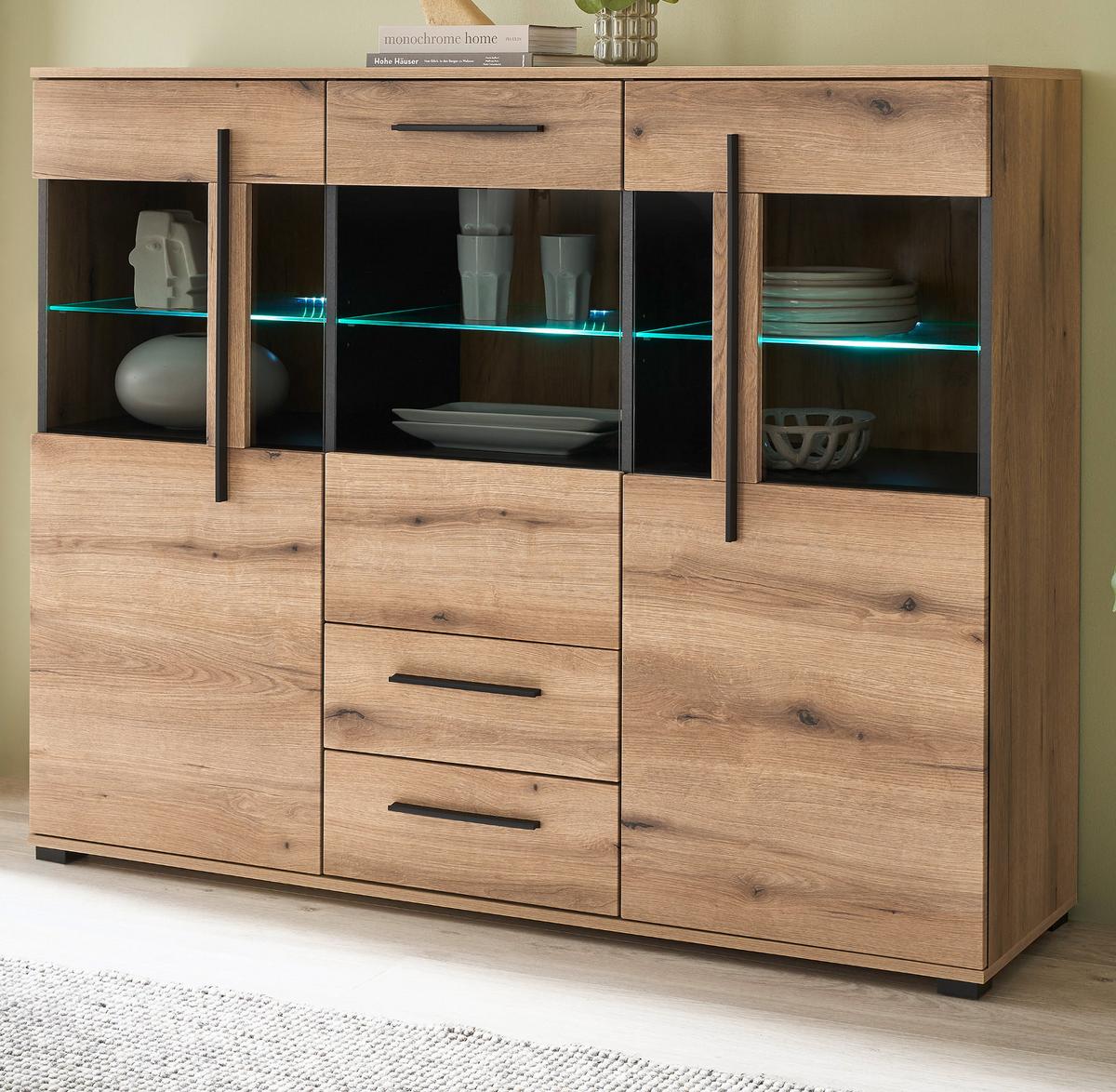 HIGHBOARD Eiche Evoke, Anrichte 160 cm mit Beleuchtung - Eichefarben/Schwarz, Glas/Holzwerkstoff (160/126/42cm) - Furn.Design