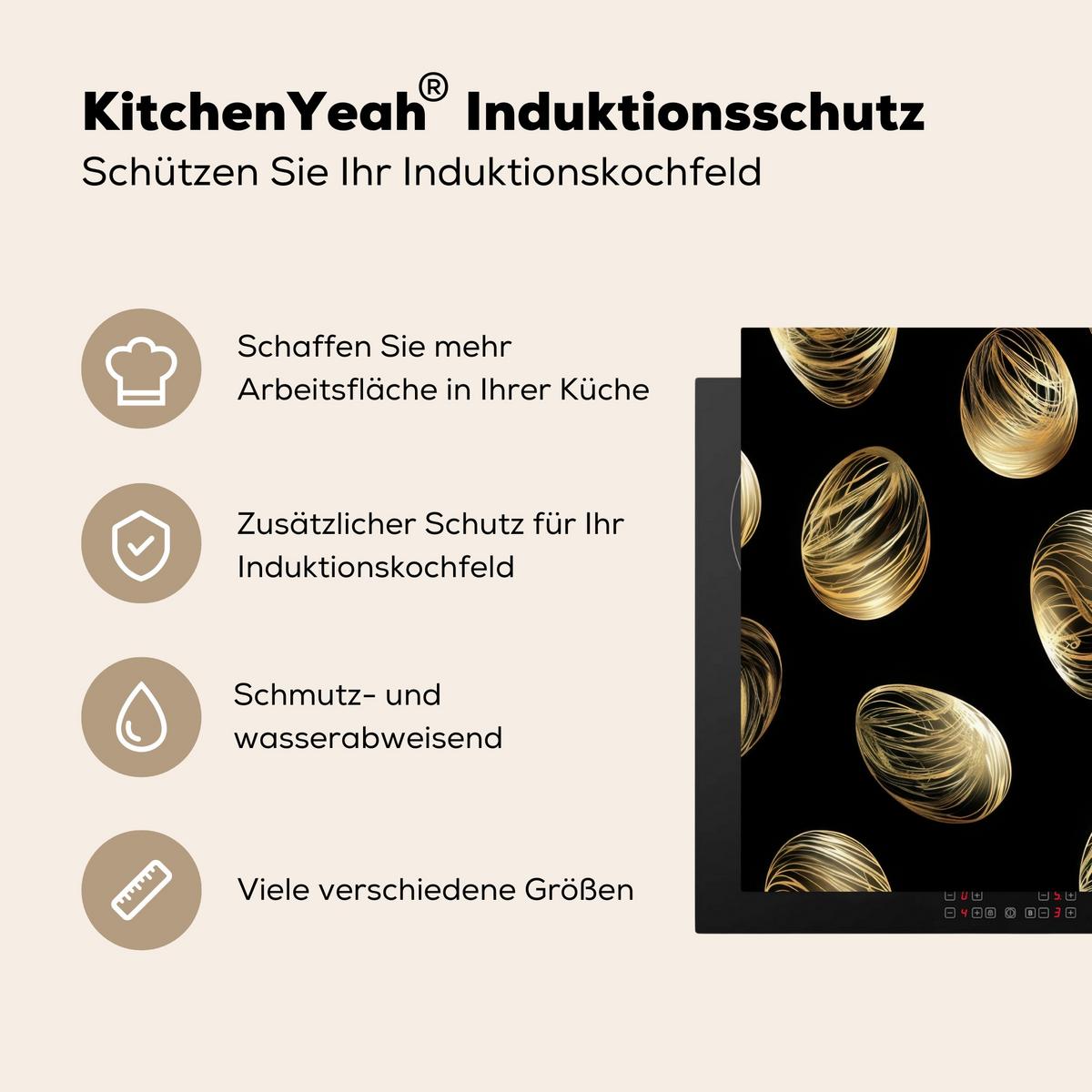 HERDABDECKPLATTE Eier - Gold - Muster Induktionsmatte 77x59 cm - Schwarz, Kunststoff (77/59/0.2cm) - MuchoWow