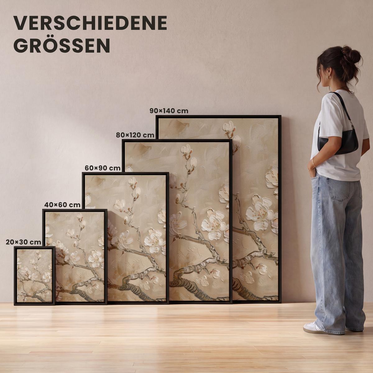 LEINWAND Bilder mit Rahmen - Blumen - Modern - Beige - Weiß - Blüte - 80x120 - Beige, Textil (80/120cm) - MuchoWow