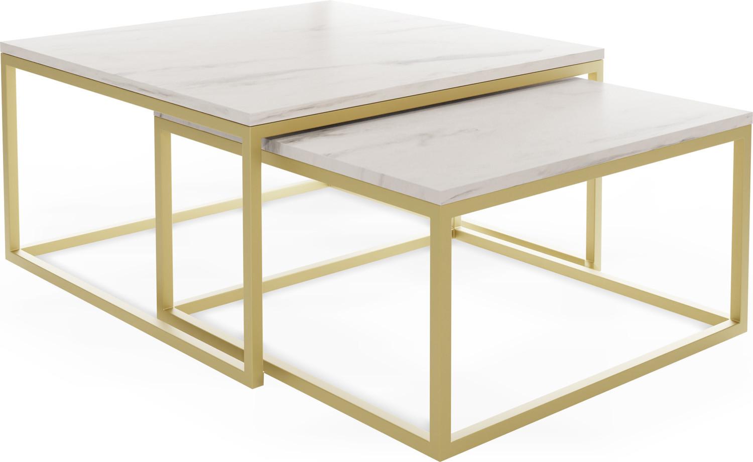 COUCHTISCHE Vella Gold 2er-Set quadraitsch, Marmor Weiß 76/76/39cm + 66/66/34 cm - Ecru/Goldfarben, Holzwerkstoff/Metall (76/76/39cm) - WFL GROUP