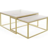 COUCHTISCHE Vella Gold 2er-Set quadraitsch, Marmor Weiß 76/76/39cm + 66/66/34 cm - Ecru/Goldfarben, Holzwerkstoff/Metall (76/76/39cm) - WFL GROUP