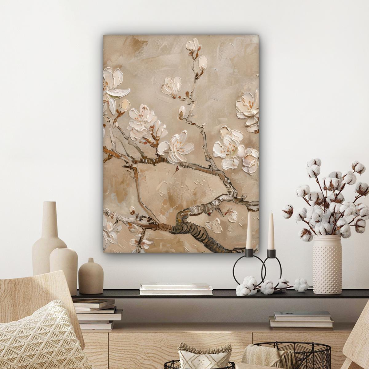 LEINWANDBILD Blumen - Modern - Beige - Weiß - Blüte Wandbild Wohnzimmer 60x80 cm - Beige, Textil (60/80cm) - MuchoWow