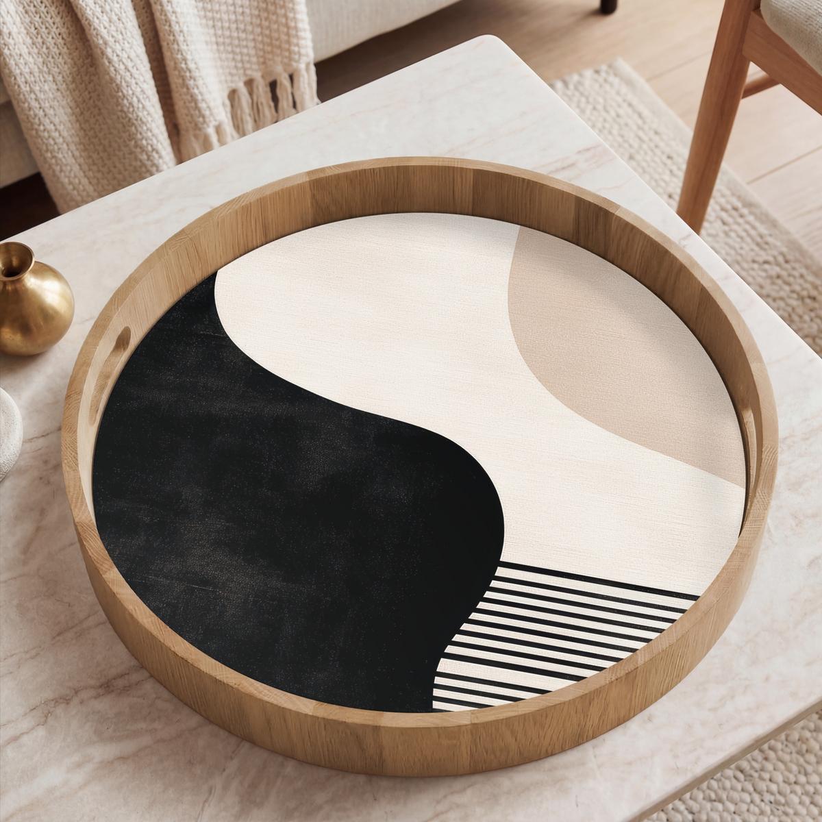 TABLETT Abstrakt - Japandi - Beige - Modern 50x50 cm - Schwarz, Holz (50/5/5cm) - OnlyWow