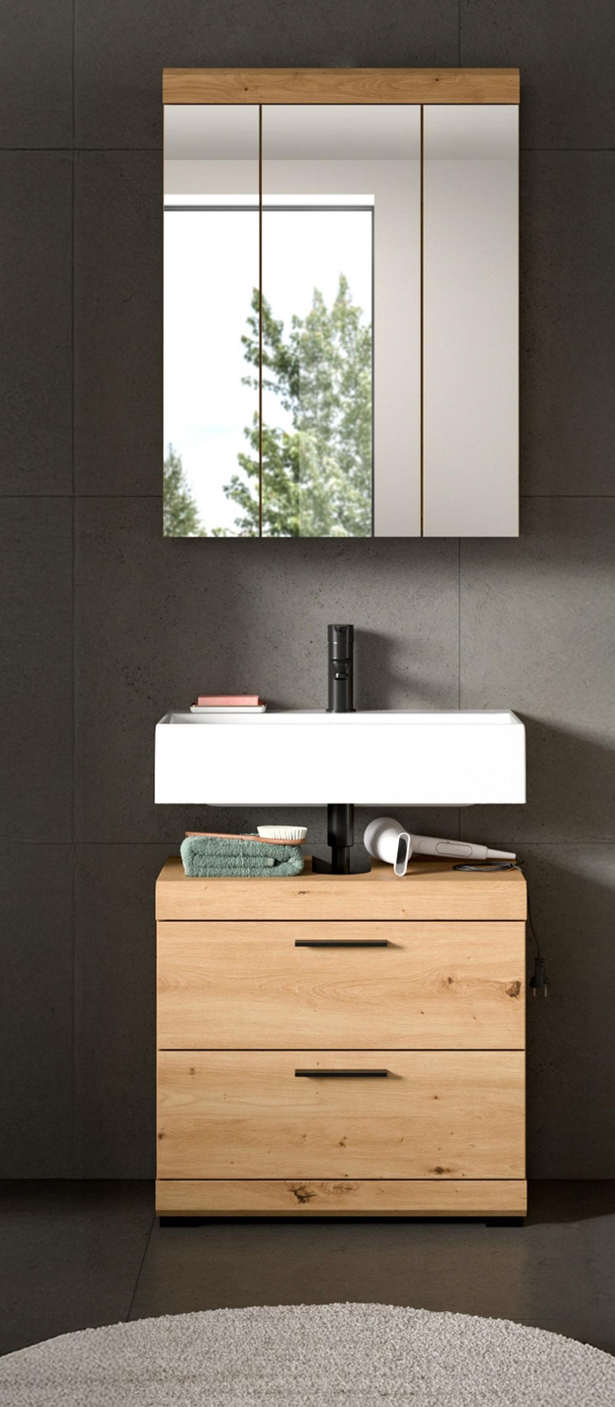 BADMÖBEL-SET Eiche Artisan 60 x 191 cm 2-teilig, Badkombination modernes Design - Schwarz/Eiche Artisan, Glas/Holzwerkstoff (60/191/34cm) - Inn.Furn