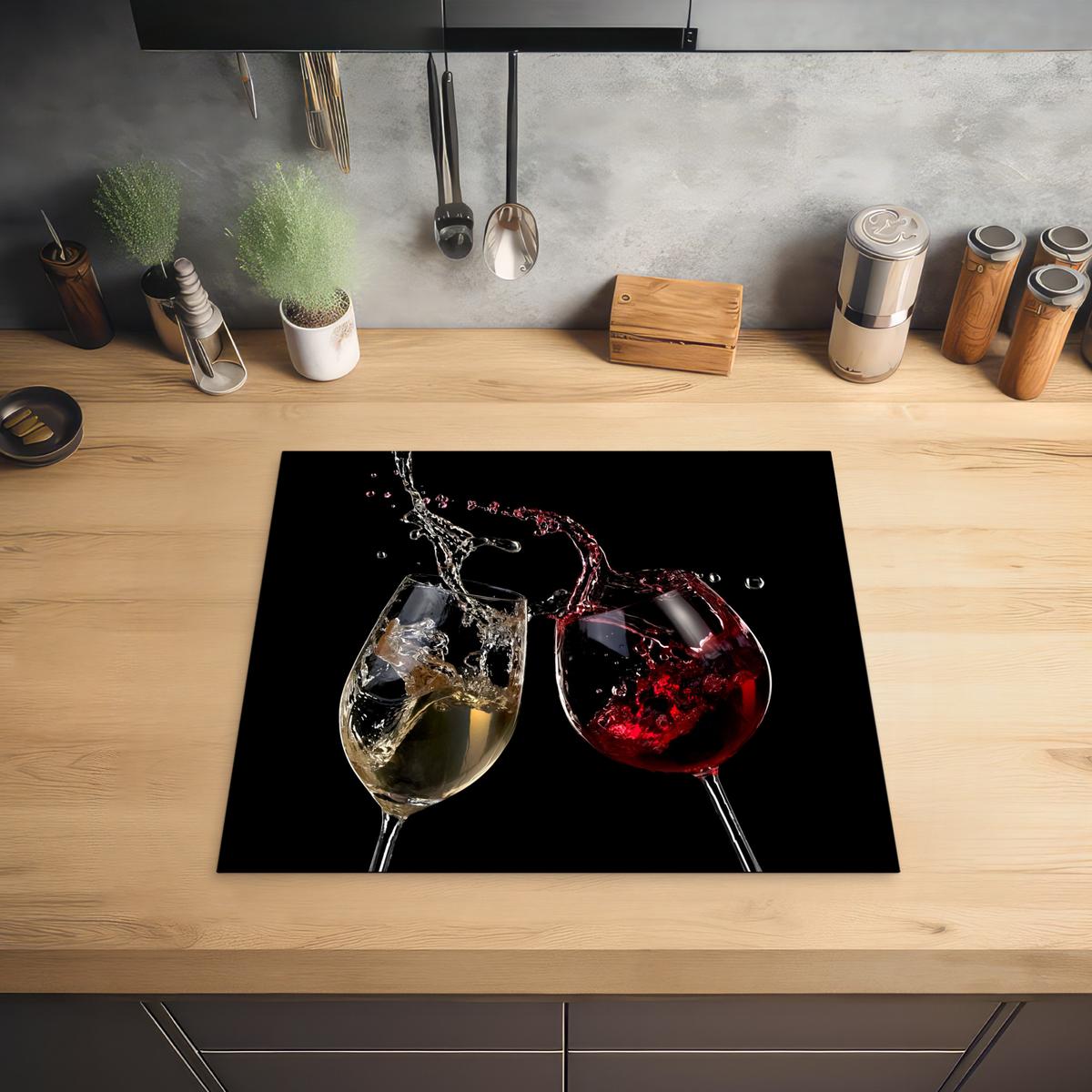 HERDABDECKPLATTE Rotwein - Weißwein - Glas - Schwarz Ceranfeldabdeckung 59x52 cm - Weinrot, Kunststoff (59/52/0.2cm) - MuchoWow
