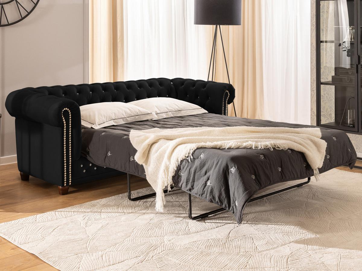 CHESTERFIELD-SOFA 3-Sitzer mit Schlaffunktion Cleo Blink Schwarz Samt mit Kristallsteppung und braunen Massivholzfüßen - Schwarz/Braun, Holz/Textil (203/72/86cm) - S-Style