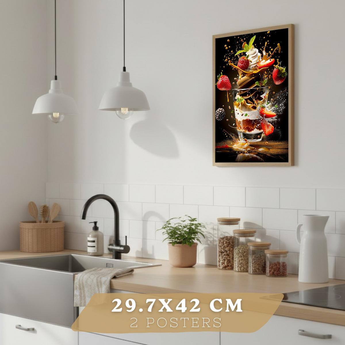 POSTER 2er Set Küchen-Wandbilder Erdbeer-Dessert und Salat Splash Fotografie Schwarzer Hintergrund Deko Rahmenlos A3 - Beige, Papier (29.7/1/42cm) - Nacnic