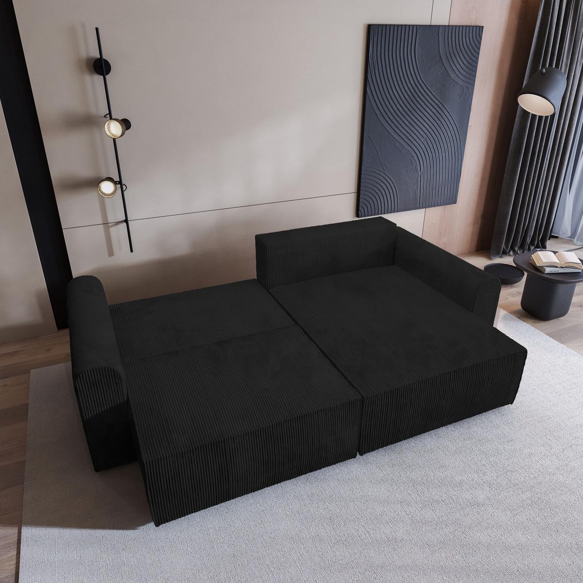 ECKSOFA FIANO P Schwarz Kordstoff mit Schlaffunktion - Schwarz/Grau, Holz/Kunststoff (245/148cm) - MASSENO