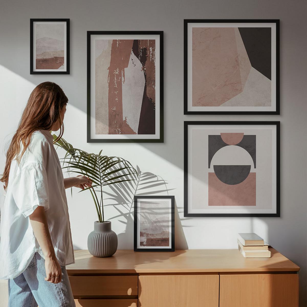 BILDER SET 5er Set - 50x50 cm & 20x30 cm & 40x60 cm Schwarzer Rahmen - Abstrakte braune Muster - Schwarz, Kunststoff (40/60cm) - TULUP