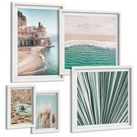 BILDER SET 5er Set - 50x50 cm & 20x30 cm & 40x60 cm Weißer Rahmen - Strandwellen Grashut - Weiß, Kunststoff (40/60cm) - TULUP