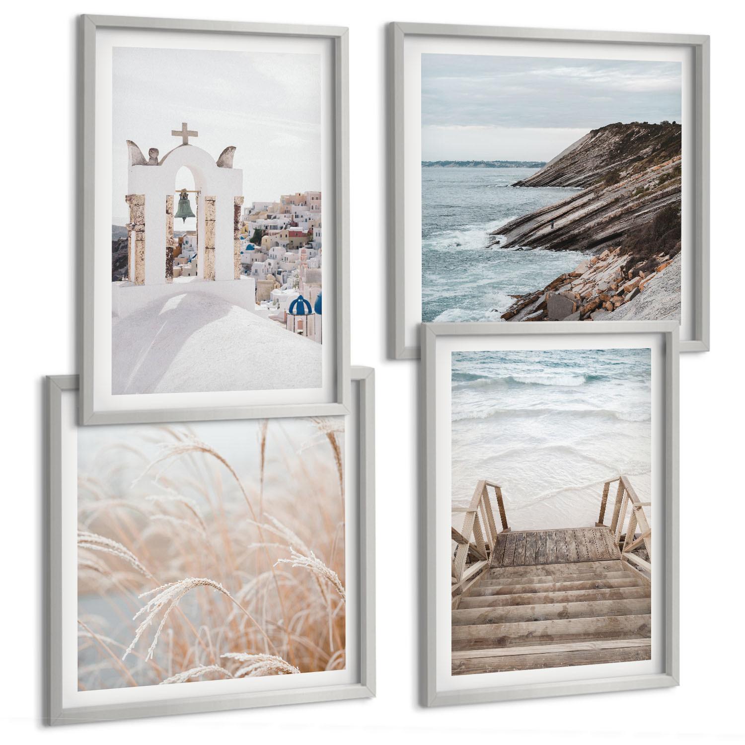 BILDER SET 4er Set - 50x50 cm & 40x60 cm Silberner Rahmen - Meeresarchitektur Santorin - Silberfarben, Kunststoff (50/50cm) - TULUP