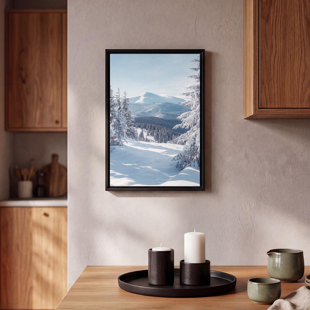LEINWAND Bilder mit Rahmen - Winterlandschaft - Natur - Berge - Bäume - Schnee - 20x30 - Hellblau, Textil (20/30cm) - MuchoWow